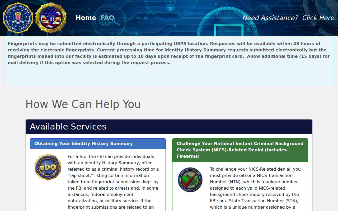 FBI electronic identity history self-review channel for Blanding criminal records