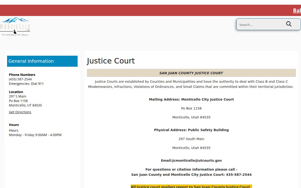 Monticello criminal records Justice Court contact page
