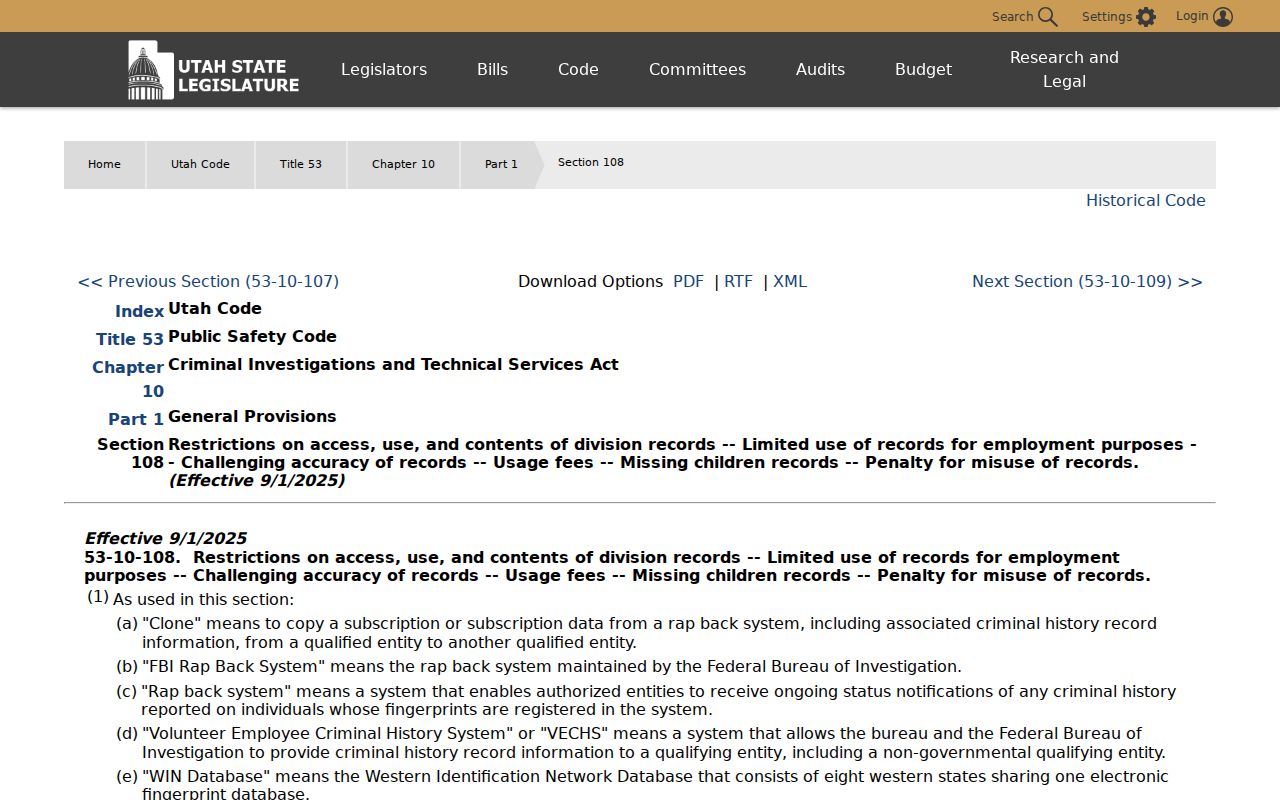 Utah criminal history dissemination law relevant to San Juan County registry records
